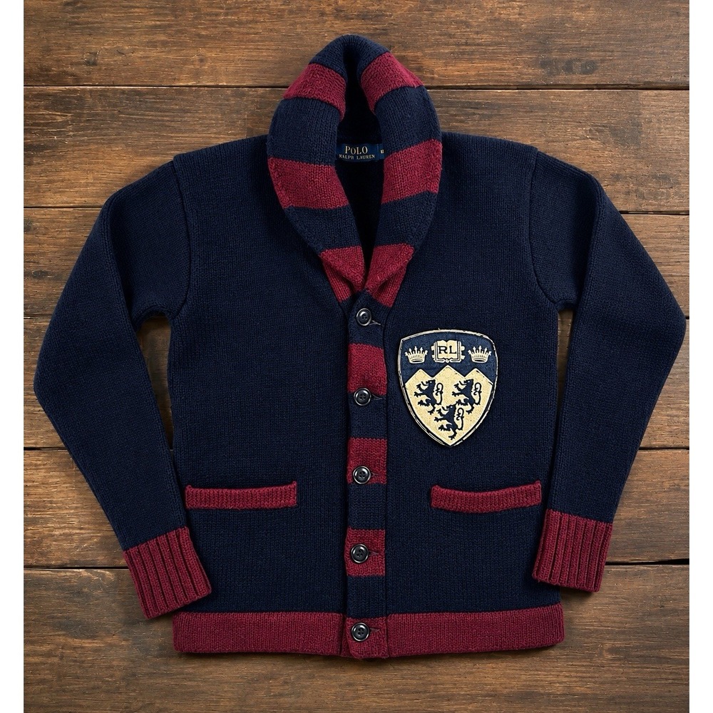 Polo Ralph Lauren Women's Merino Wool Cardigan Crest M Navy Red Shawl Collar